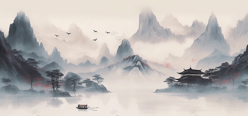 船只唯美飞鸟中国风意境水墨画背景,插画/手绘图,插画/手绘图库,插画/手绘图下载,插画/手绘